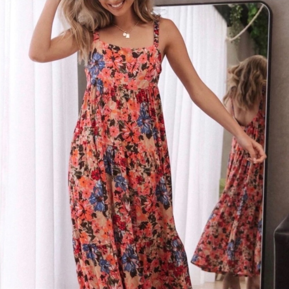 Floral Spaghetti-Strap Maxi Dress in Coral Pink - Picture 3 of 15